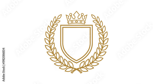 Golden royal shield with crown and laurel wreath, isolated white background.