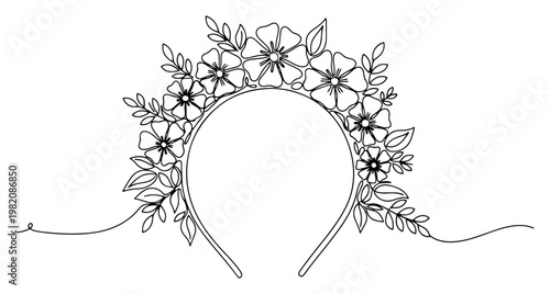 Floral headband with decorative flowers and leaves in continuous line art style