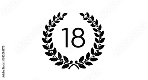 Number 18 inside a black solid fill laurel wreath, isolated white background.