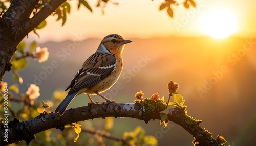 Small bird sits on a branch illuminated by golden light during sunset over distant rolling hills