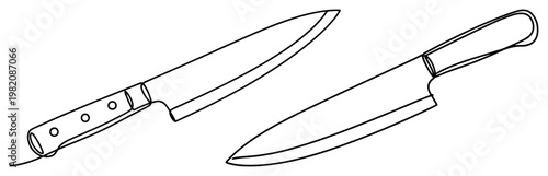 Kitchen chef knives for cooking and food preparation in minimalist continuous line art style