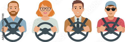 Drivers holding steering wheel set, diverse people driving cars, transportation vector illustration collection