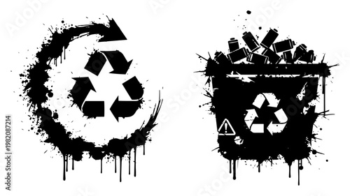 Recycling symbols and waste bin icons in grunge splatter ink style