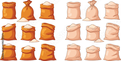 Flour and grain sacks vector illustration set featuring burlap bags filled with powder and tied packages isolated on clean background for agriculture and food design