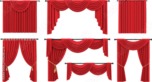 Red stage curtains vector illustration set featuring elegant drapery theater curtains with folds swags and ties isolated on clean background for interior and performance design