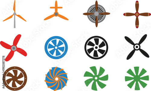 Wind turbine and fan blade vector illustration set featuring various rotor designs and circular propeller shapes isolated on clean background for energy and technology design
