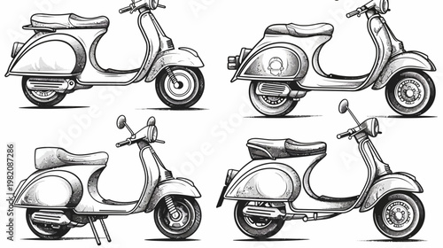 Four line art scooters in grayscale, each at slightly different angles and orientations