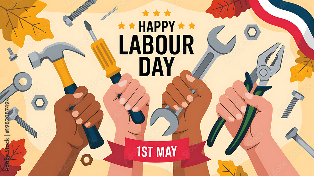 Naklejka premium A vibrant illustration celebrating Labour Day with tools and hands