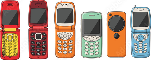 Vintage mobile phones vector illustration set featuring classic retro cellphones with keypad and early smartphone designs isolated on clean background for technology collection