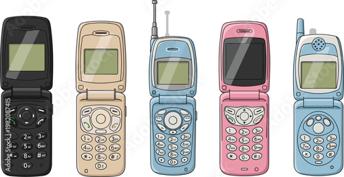 Retro flip phones vector illustration set featuring vintage mobile devices with antennas and classic keypad design isolated on clean background for technology nostalgia theme