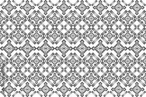 Minimalist black and white geometric pattern inspired by traditional weaving art. Perfect for fabric, wallpaper, and modern decorative backgrounds with ethnic charm and symmetry.