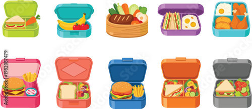 Lunch box meals vector illustration set featuring healthy sandwiches burgers fruits and snacks in colorful containers isolated on clean background for food packaging design