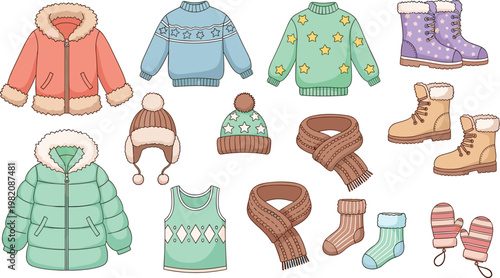 Winter clothing vector illustration set featuring cozy jackets sweaters hats scarves boots and socks isolated on clean background for seasonal fashion design