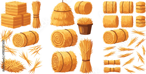 Hay bale collection vector illustration featuring straw bundles stacks rolls and scattered pieces isolated on clean background for agriculture harvest and farming design