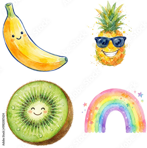 Smiling fruit arrangement of banana, pineapple, kiwi and rainbow in watercolor style, filled with happiness.