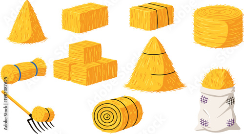 Various hay bale shapes vector illustration set featuring straw stacks rolls bundles and farm tools isolated on clean background for agriculture and harvest design