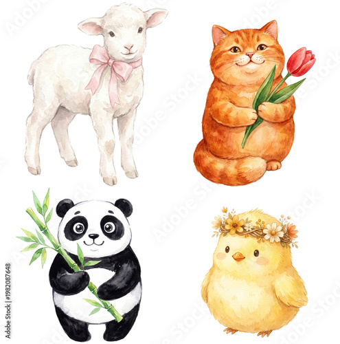 A delightful collection of charming animal illustrations featuring a cute lamb, a playful cat, a cuddly panda, and a cheerful chick, each brimming with personality and charm. 