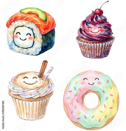 Whimsical, smiling sushi roll, cupcake, and donut, each radiating joy and warmth, and a delectable illustration that celebrates the sweet and savory treats.