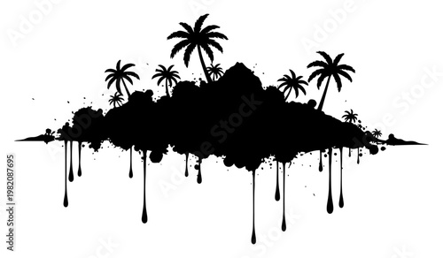 Tropical island silhouette with palm trees and mountains in grunge drip style