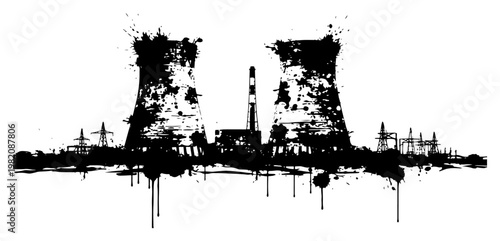 Nuclear power plant cooling towers with industrial chimney in ink splatter grunge style
