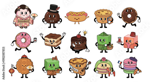 Large Set of Traditional World Desserts and Food Characters from Different Cultures, Mooncake Macaron Tiramisu and Donut Mascot Vector Collection