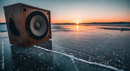 Wooden Speaker on Frozen Lake at Sunset.