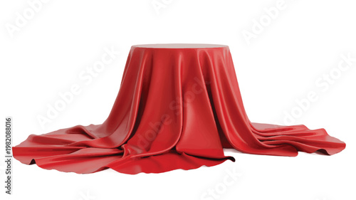 A draped pedestal with a red tablecloth, isolated on a white background, hinting at a surprise reveal