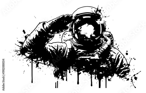 Astronaut saluting in space suit with grunge ink splatter effect