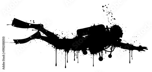Scuba diver silhouette swimming with dripping ink and paint splatters