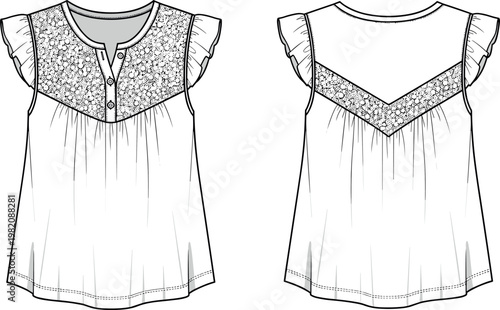 Womens fashion technical flat sketch of summer casual blouse with flutter sleeves button front gathered textured yoke and flared hem