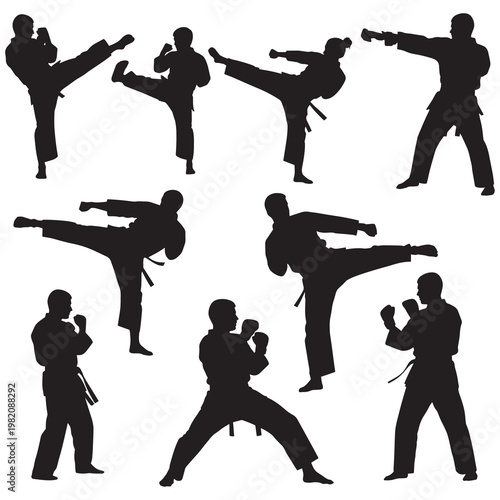Martial arts silhouettes, karate poses, kickboxing illustrations, fighting stances, black icons