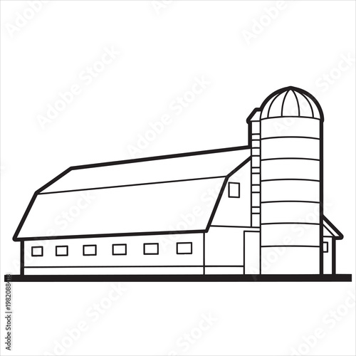 Farm barn, rural building, black and white vector, agricultural architecture, countryside landscape