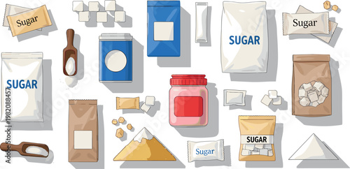 Sugar Packaging Collection with Bags, Cubes, and Containers, Hand-Drawn Illustrations for Food, Sweeteners, and Grocery DesignsSugar Packaging Collection with Bags, Cubes, and Containers, 