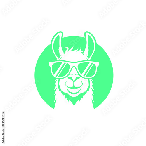 Stylish Llama or Alpaca Head with Cool Sunglasses in Green Circle Icon Vector Illustration