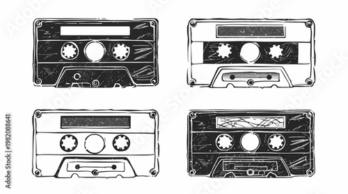 Four sketched audio cassette tapes with a distressed or vintage appearance in black/white