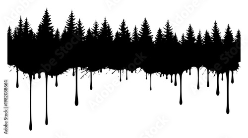 Pine forest trees silhouette with black dripping paint and ink splatters nature grunge style