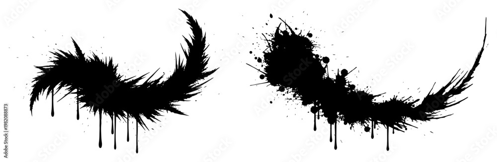 Obraz premium Curved ink brush strokes with heavy splatters and drips in grunge style
