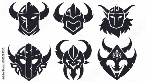 Black stylized warrior helmet designs, set against a stark white background for emphasis