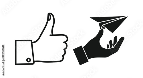 thumbs up, approval, hand gestures, communication icons, black and white vector graphics