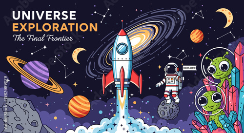 Colorful cartoon illustration of universe exploration with a rocket launch, planets, an astronaut, and friendly aliens in outer space.