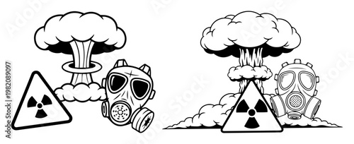 Nuclear explosion mushroom cloud with gas mask and radiation hazard sign in line art style