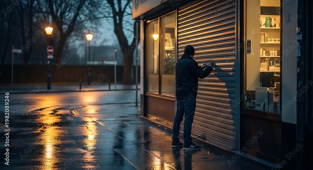 Obraz premium A person closes a storefront rolling security gate on a wet, dimly lit street during twilight hours.