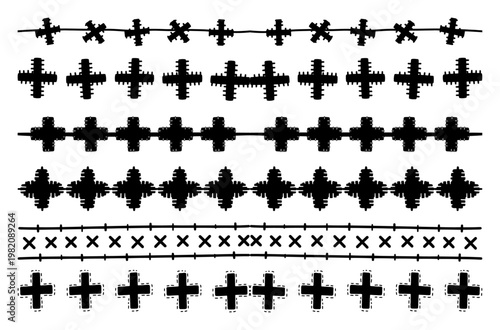 Decorative border patterns with cross symbols and hand drawn grunge brush strokes