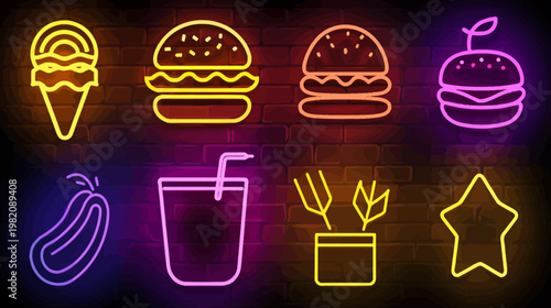 Neon signs depicting food and drink items on a brick wall background, various colors