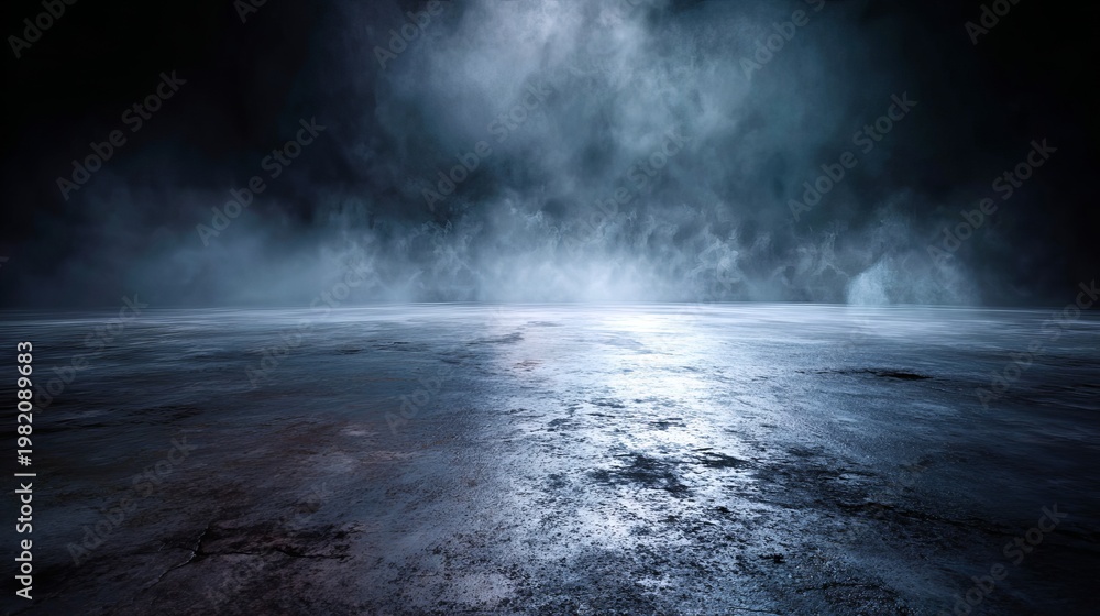 Fototapeta premium Dark room concrete floor shows abstract image. Black stage background offers product placement. Panoramic view reveals fog, mist, or smog moving on black.