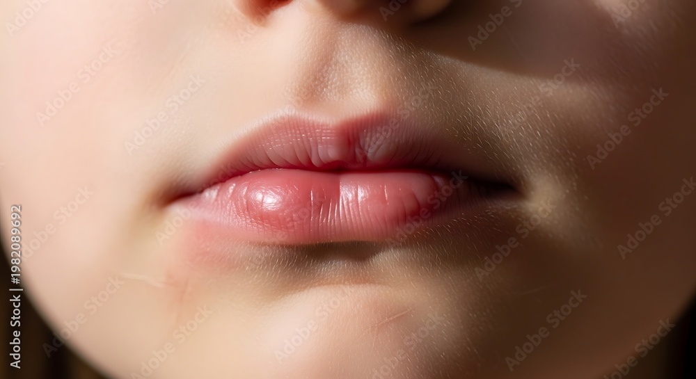 Naklejka premium An intimate close-up captures the soft, natural texture of a young person's lips, highlighted by gentle light and smooth skin.
