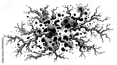 Cracked ground surface with deep earth fissures in vintage engraving style