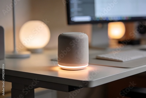 Generative Ai a sleek smart speaker device glowing softly on a modern desk setup