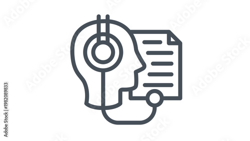 Minimalist black vector icon of a human head profile wearing headphones connected to a text document, symbolizing audio transcription, text-to-speech technology, audiobook listening, and voice.
