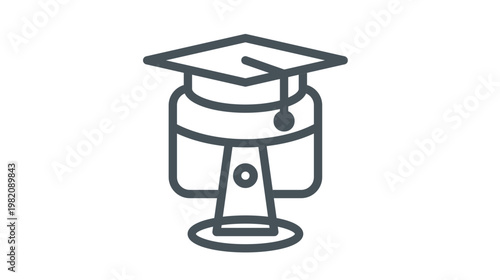 Online education vector icon featuring a computer monitor wearing a graduation cap, representing e-learning, digital learning, and distance education concepts in a minimalist black line style.